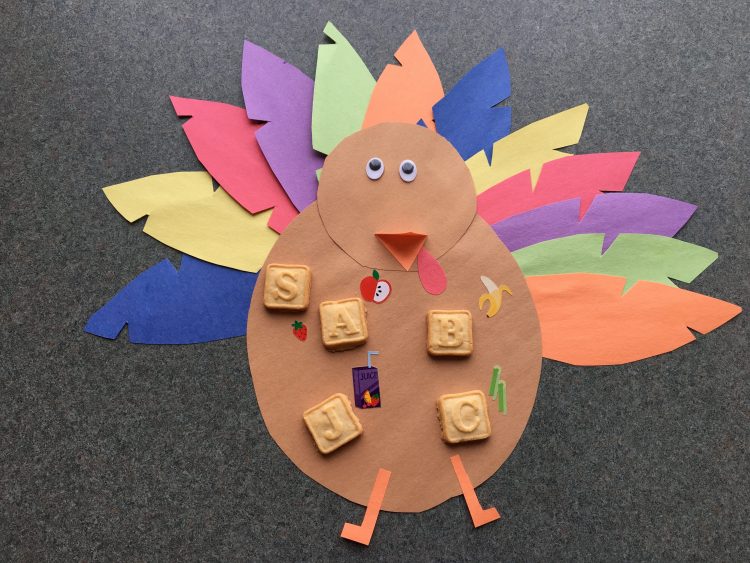 Paper cutout turkey with letters and stickers attached