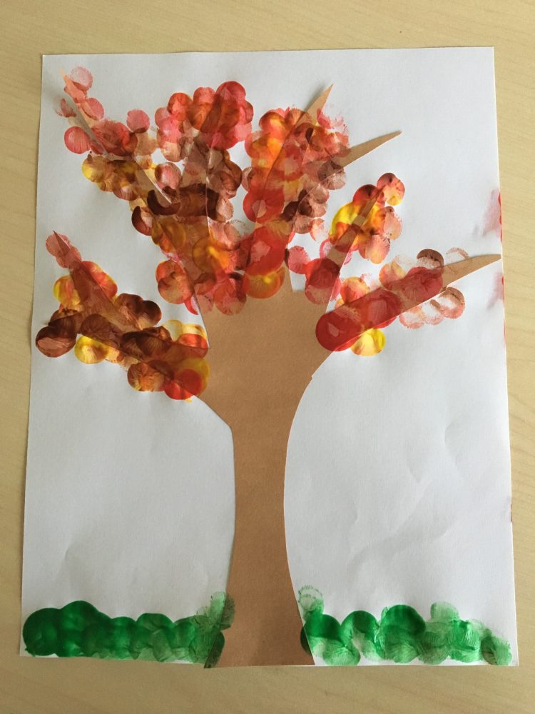 Tree cutout with colorful finger paint to serve as leaves