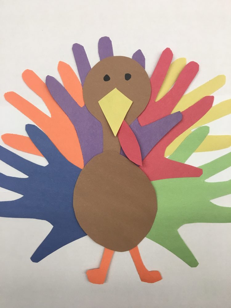 Turkey made out of construction paper with hand cutouts serving as feathers