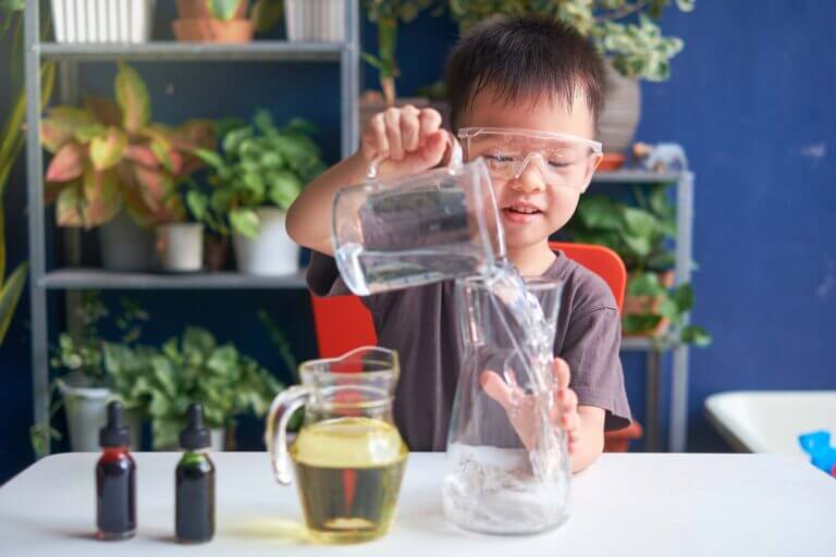 Elementary student doing a science experiment